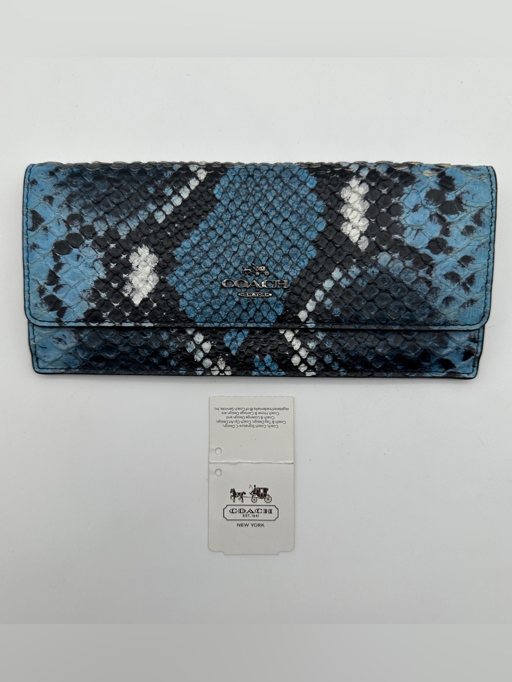 Coach Metallic Blue Python-Embossed Leather Slim Envelope Wallet (Style #F53641)